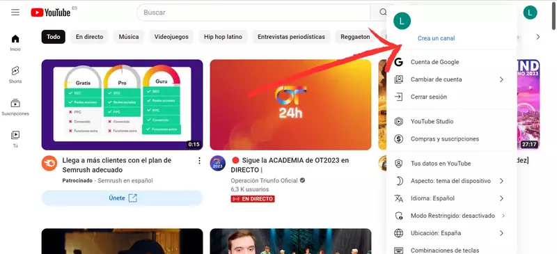 Captura con flecha señalando donde crear canal en YouTube
