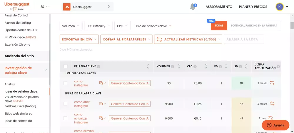 captura aplicación ubbersuggest