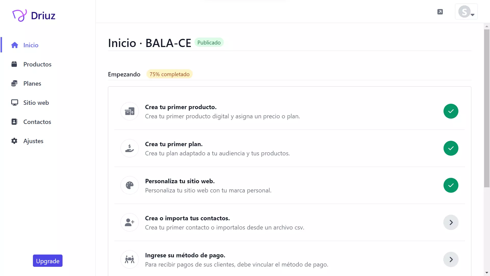 Captura del dashboard de Driuz